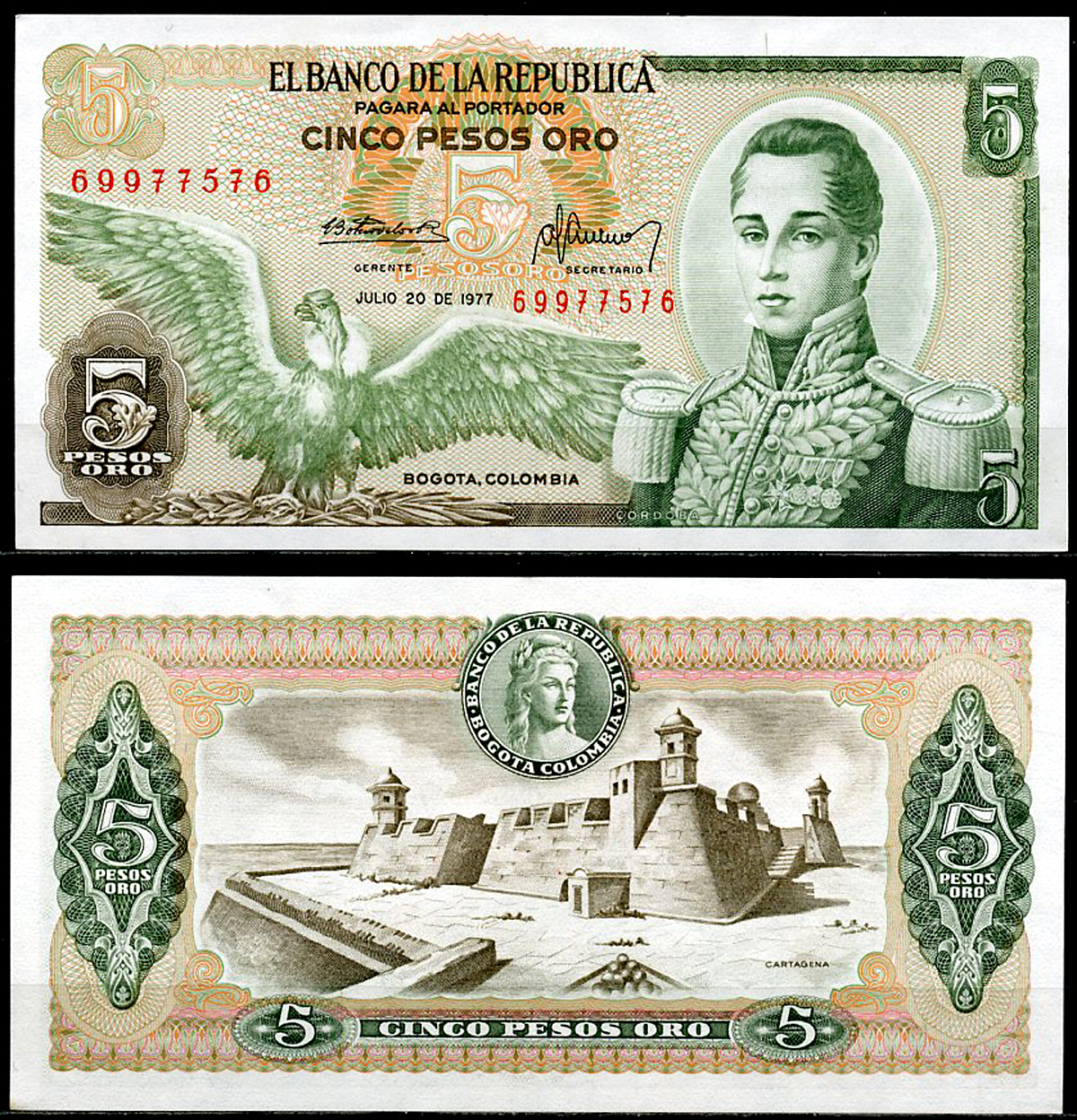 Колумбия 5 песо 1977 Хосе Мария Кордова, Картахена Pick 406 e  бумага  UNC (пресс) 447-72-1-3