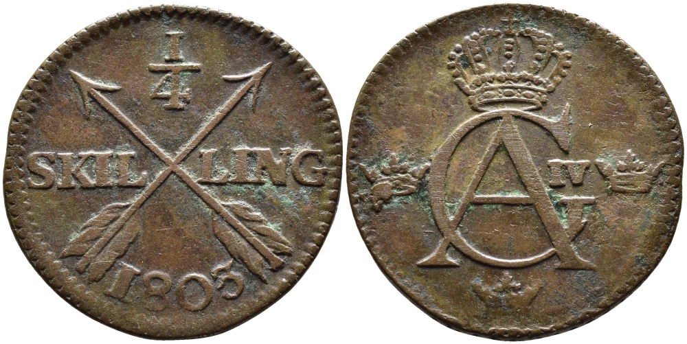 Швеция 1/4 скиллинга 1803 Густав IV Адольф (1792-1809) KM 564 медь 4389-916
