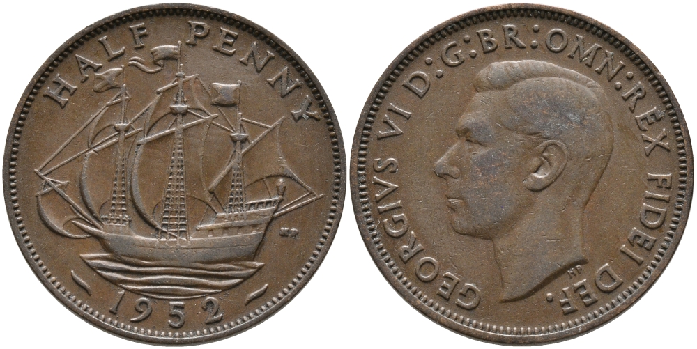 Великобритания 1/2 пенни 1952 Георг VI (1936-1952) KM 868, Spink 4118 бронза 65-913