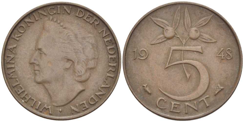 НИДЕРЛАНДЫ 5 ЦЕНТОВ 1948 ВИЛЬГЕЛЬМИНА (1890-1948) KM 176 бронза 212-1023