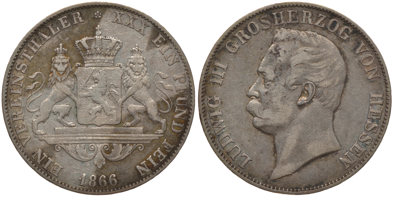 Гессен-Дармштадт 1 талер 1866 Людвиг III (1848-1877) AKS 120, Dav. 707, Kahnt 266, Thun 200, KM 338 серебро 00-807-38