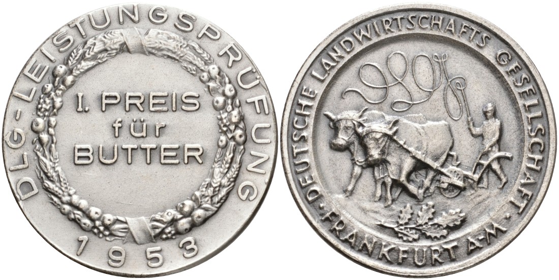 Германия, Франкфурт на Майне медаль 1953 СЕЛЬСКОХОЗЯЙСТВЕННОГО ОБЩЕСТВА Франкфурта, ПЕРВЫЙ ПРИЗ КОНТРОЛЯ КАЧЕСТВА ЗА СЛИВОЧНОЕ МАСЛО, диаметр 39,5 мм., DLG белый металл 06-271-33
