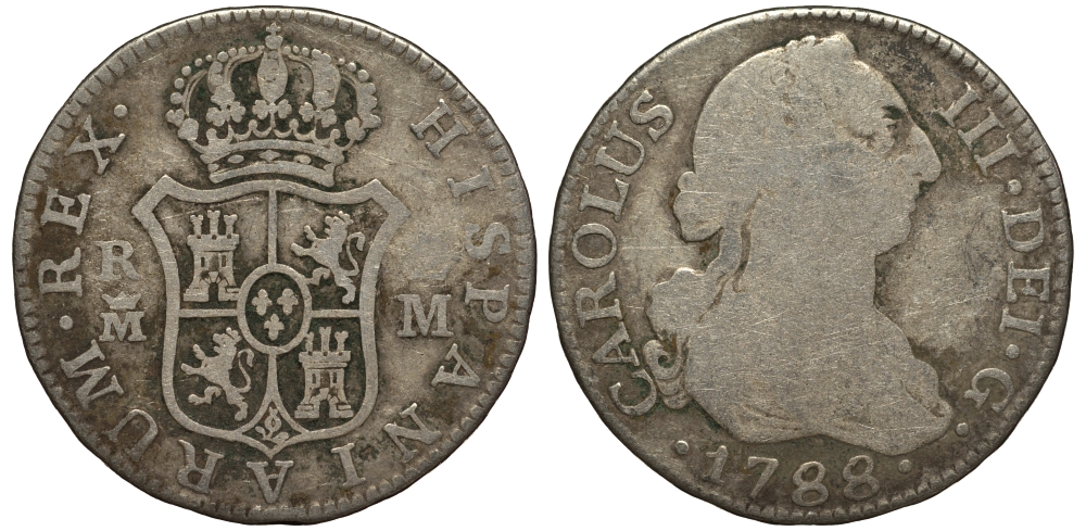 Испания 2 реала 1788 M M, мондвор (Мадрид), Карлос III (1759-1788) KM 412.2 (C38.2) серебро 650-931