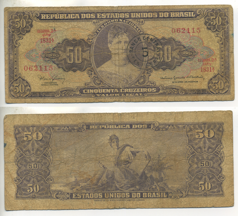 БРАЗИЛИЯ 5 СЕНТАВО 1967 НАДПЕЧАТКА НА 50 КРУЗЕЙРО Pick 184b бумага 7548-101-3