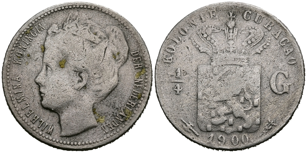 Нидерландское Кюрасао 1/4 гульдена 1900 Вильгельмина (1890-1948) KM 35 серебро 4379-869