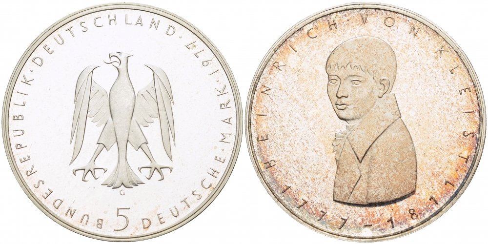 ФРГ 5 марок 1977 G, 200 лет со дня рождения Генриха фон Клейста KM 146, J. 421 серебро PROOF 1087-2-71