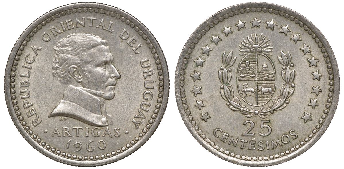 Уругвай 25 сентесимо 1960 KM 40 медно-никель 4169-814
