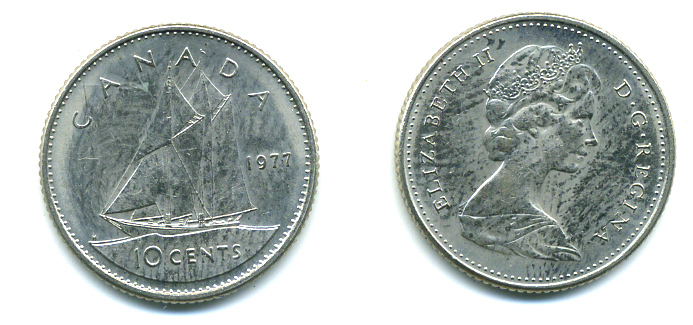 Канада 10 центов 1977 Елизавета II (1952-2022), парусник KM 77.1 никель 4383-425