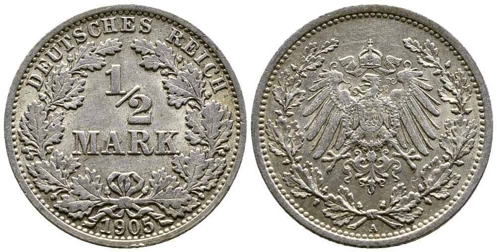 ГЕРМАНИЯ 1/2 МАРКИ 1905 А KM серебро 46-639