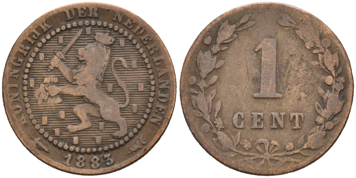 Нидерланды 1 цент 1883 Виллем III (1849-1890) KM 107 бронза 4576-569
