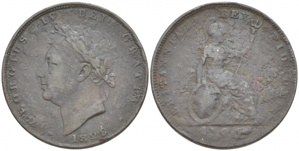 Великобритания 1 фартинг 1829 Георг IV (1820-1830) KM 697, Spink 3825 медь 1515-2143