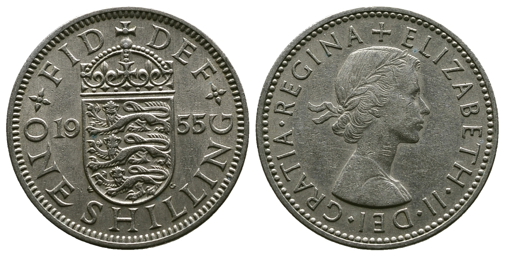 Великобритания 1 шиллинг 1955 Елизавета II (1952-2022), Английский герб KM 904, Spink 4147 медно-никель 4384-316