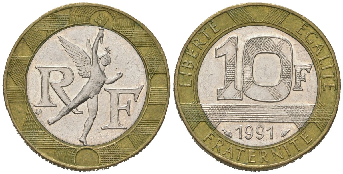 Франция 10 франков 1991 KM 964 биметалл 4582-326