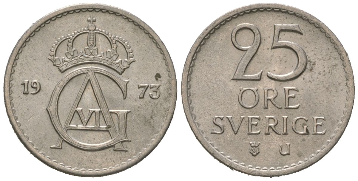 Швеция 25 эре 1973 U, Густав VI Адольф (1950-1973) KM 836 медно-никель UNC 4621-332