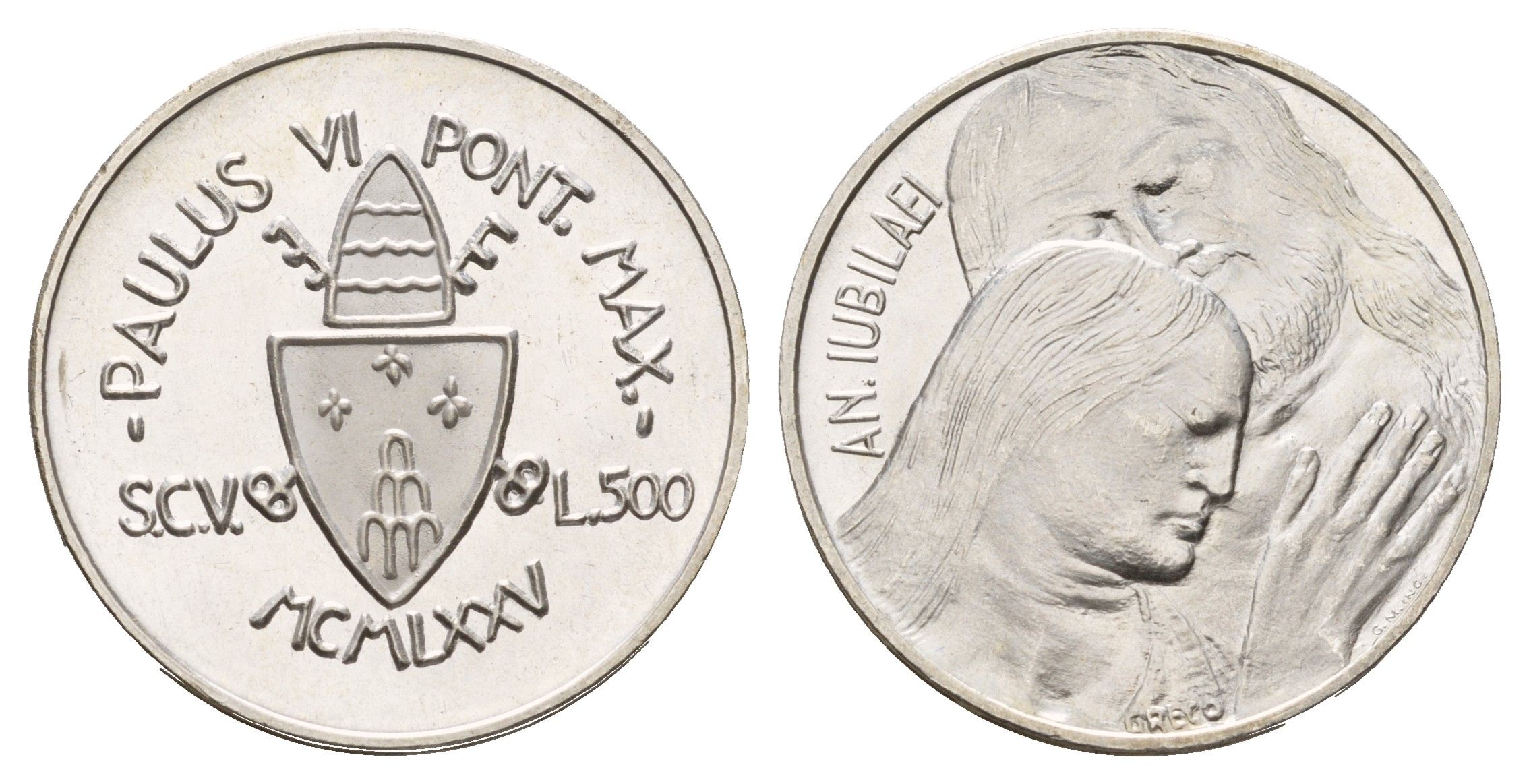 Ватикан 500 лир 1975 MCMLXXV, Священный год, Павел Vi, год-тип KM 131 серебро UNC 1531-313