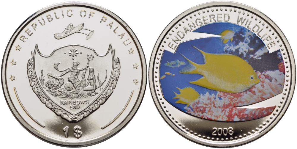 Палау 1 доллар 2008 серия вымирающие виды, амблиглифидодон лимонный (Amblyglyphidodon aureus), цветная эмаль KM 210 медно-никель PROOF 1091-3-24
