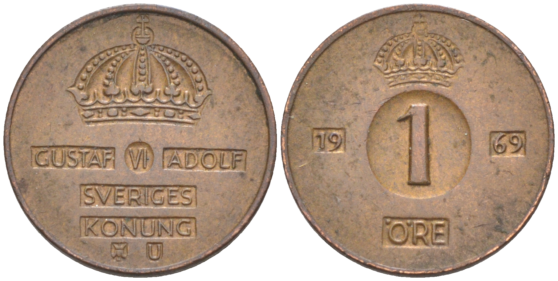 Швеция 1 эре 1969 U, Густав VI Адольф (1950-1973) KM 820 бронза 112-342