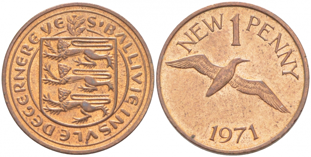 Гернси 1 пенни 1971 Елизавета II (1952-2022), северная олуша в полете KM 21 бронза UNC 214-863