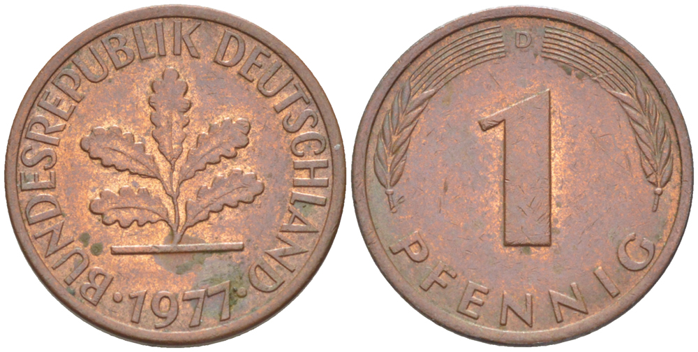ФРГ 1 ПФЕННИГ 1977 D KM 105, J. 380 сталь плакированная медью 4181-627