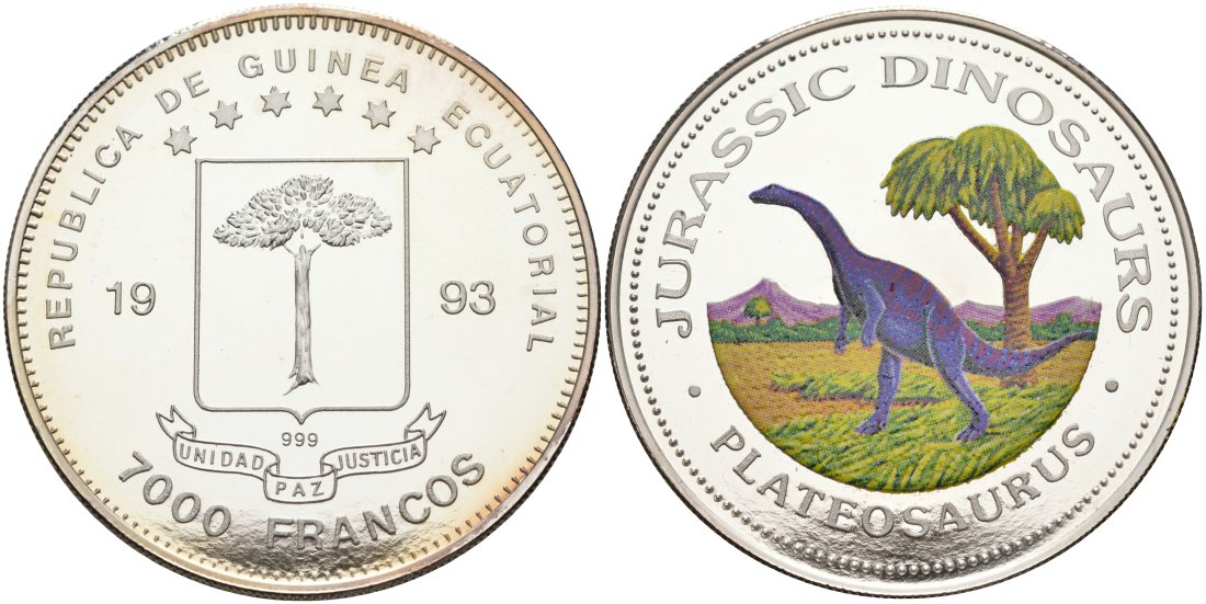 Экваториальная Гвинея 7000 франков 1993 серия ДИНОЗАВРЫ, ПЛАТЕОЗАВР, цветная эмаль KM 147 серебро PROOF 00-000-00