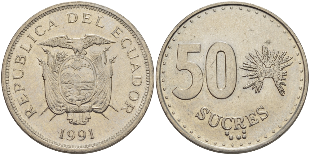 ЭКВАДОР 50 СУКРЕ 1991 KM 93 сталь плакированная никелем 82-916