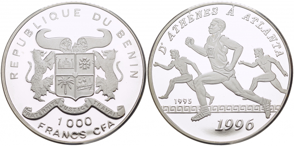Бенин 1000 франков 1995 XXVI Олимпийские игры 1996 в Аталанте, бег KM 12 серебро PROOF 01-161-43