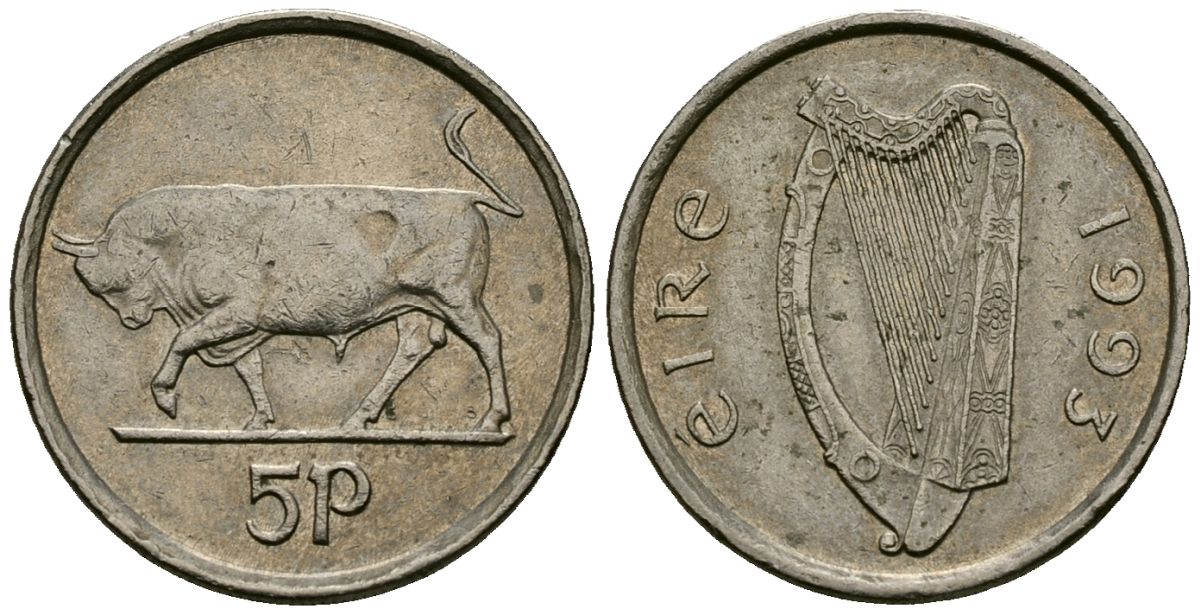 Ирландия 5 пенсов 1993 бык KM 28 медно-никель 4136-922