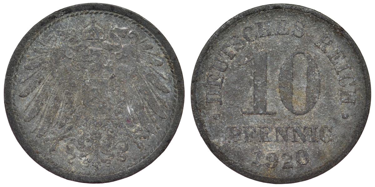 Германия 10 пфеннигов 1920 KM 26, J. 299, Weege 8 цинк 4119-333