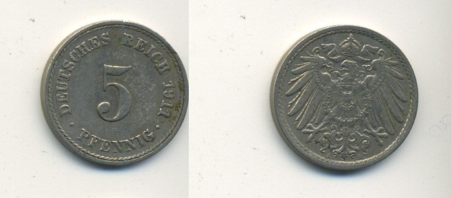 Германия 5 пфеннигов 1911 A KM 11, J. 12, Weege 6 медно-никель 23-847