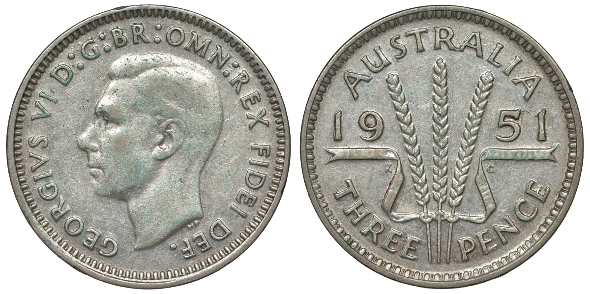 Австралия 3 пенса 1951 m, Георг VI (1937-1952), без букв KM 44 серебро 71-355