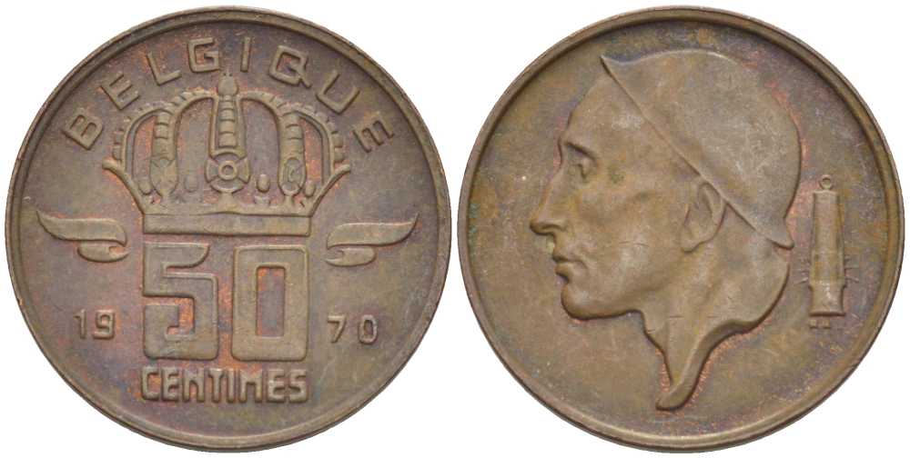 БЕЛЬГИЯ 50 САНТИМОВ 1970 BELGIQUE KM 148.1 бронза 96-757