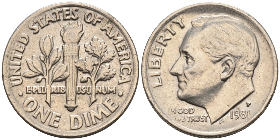 США 10 центов = дайм 1981 P, Рузвельт КМ 195а медь плакированная медно-никелем 4567-618