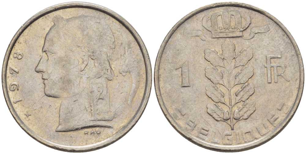 БЕЛЬГИЯ 1 ФРАНК 1978 BELGIQUE, БОДУЭН I (1951-1993) KM 142.1 медно-никель 202-1114