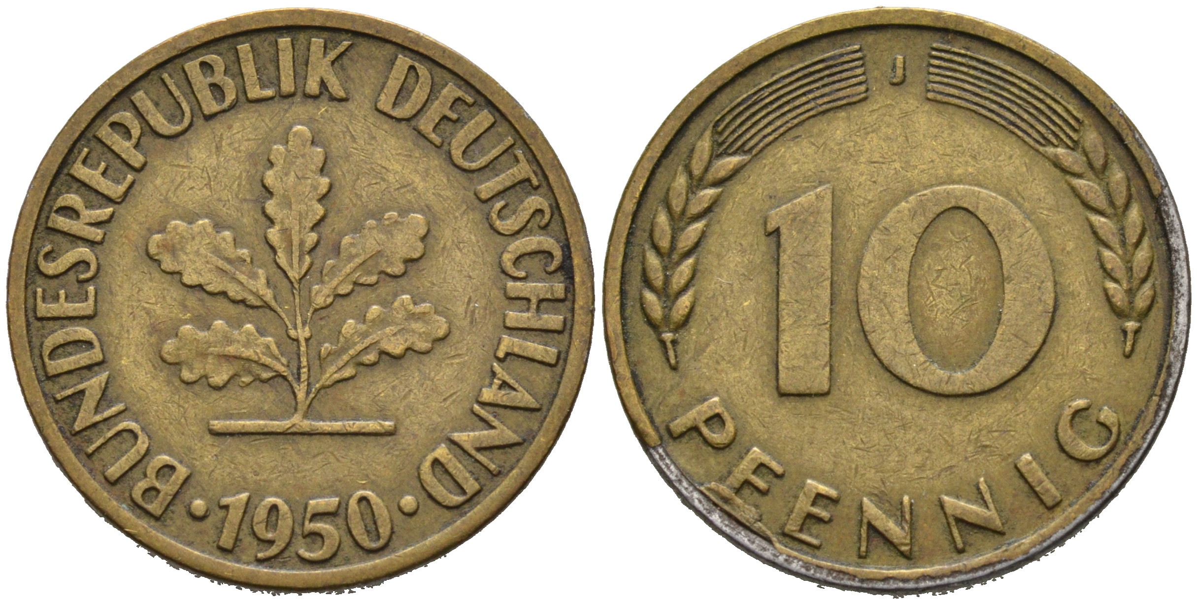 ФРГ 10 ПФЕННИГОВ 1950 J KM 108, J.383 сталь плакированная латунью 75-617