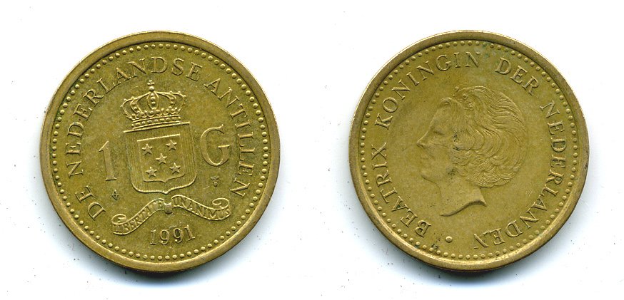 Нидерландские Антилы 1 гульден 1991 Беатрикс (1980-2013) KM 37 позолоченная сталь 25-744