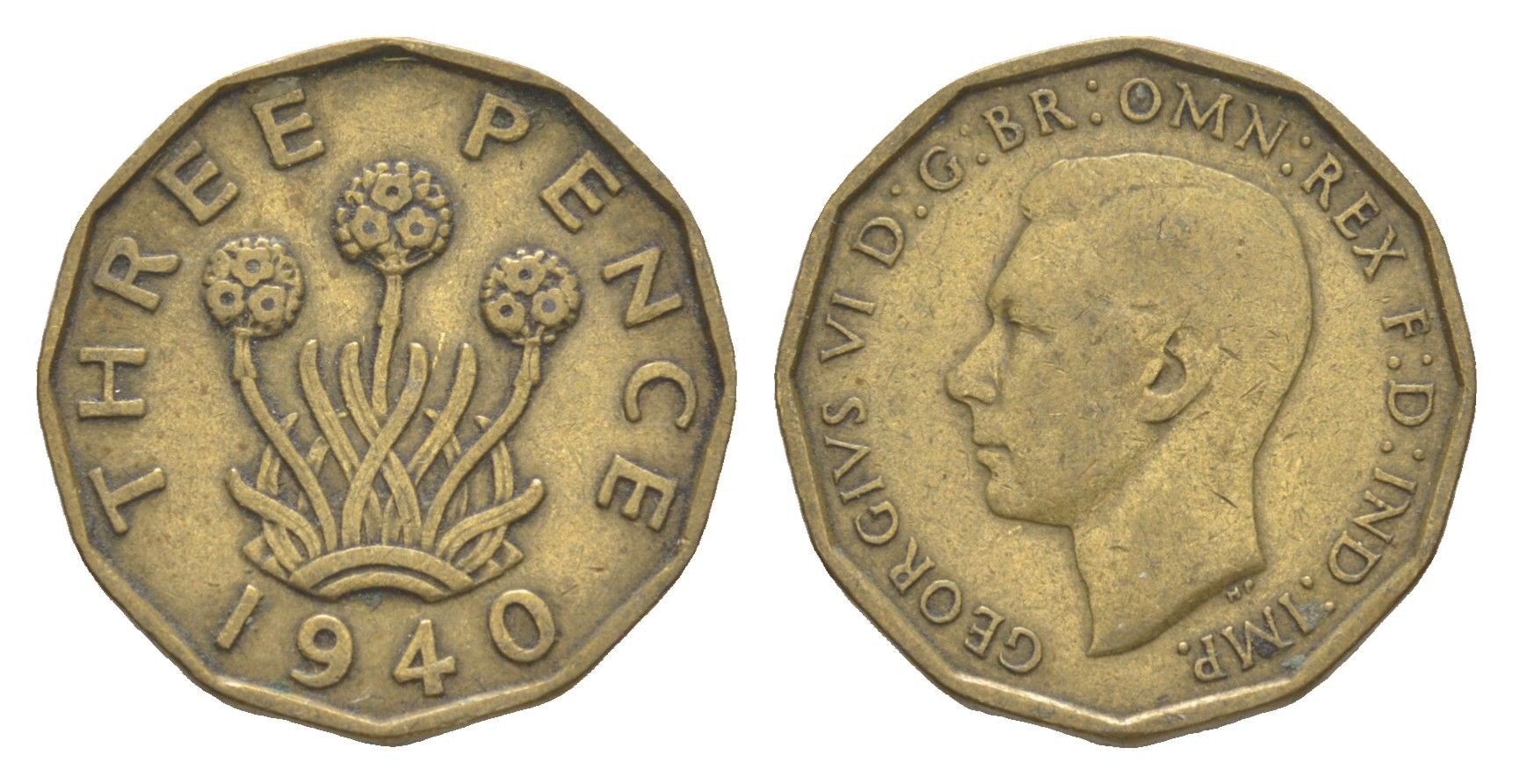 Великобритания 3 пенса 1940 Георг VI (1936-1952) KM 849, Spink 4112 никель латунь 4571-454