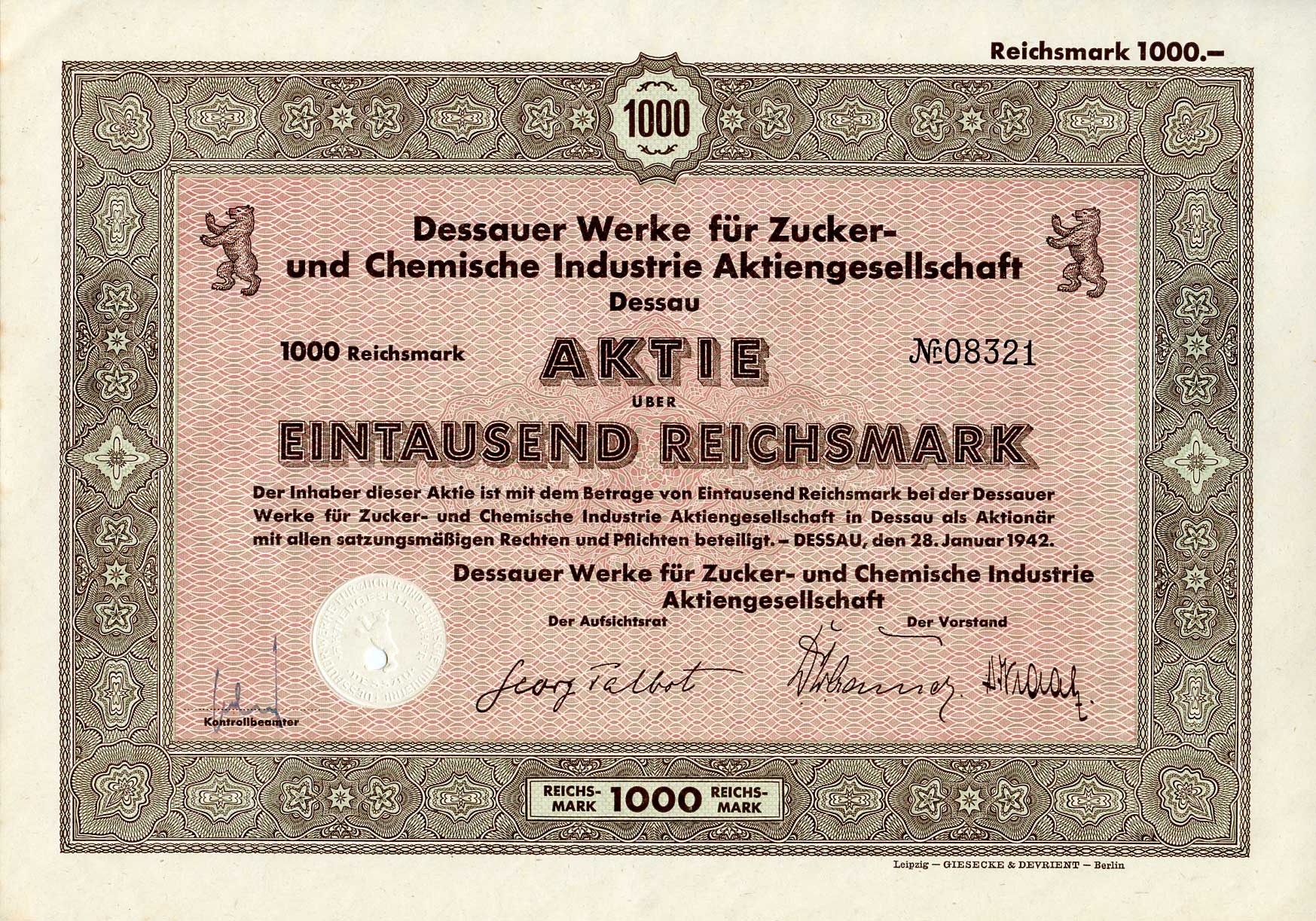 Германия 1000 рейхсмарок 1942 АО заводов Дессау для сахарной и химической промышленности, акция   бумага   8802-46-1