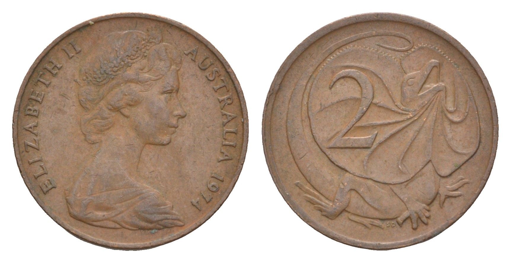 Австралия 2 цента 1974 Елизавета II (1952-2022), плащеносная ящерица KM 63 бронза 4655-1238