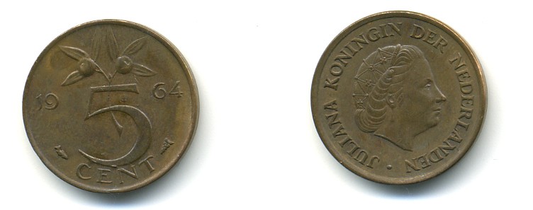 НИДЕРЛАНДЫ 5 ЦЕНТОВ 1964 ЮЛИАНА KM 181 бронза 4364-521