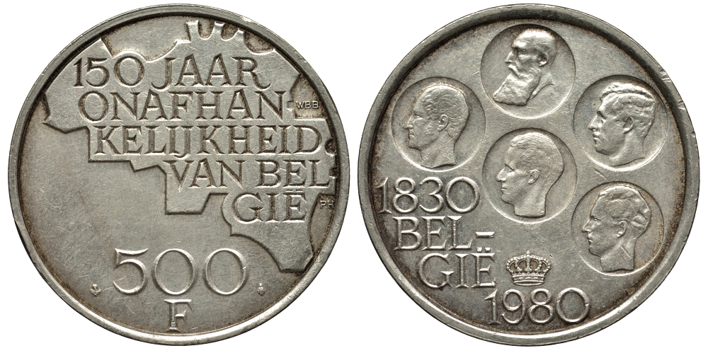 Бельгия 500 франков 1980 150 лет независимости, Belgie, Бодуэн I (1951-1993) KM 162 медно-никель покрытый серебром 443-1112