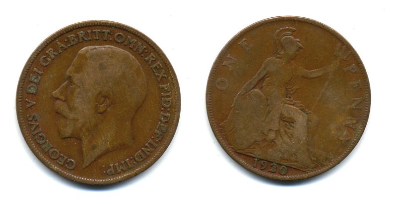 Великобритания 1 пенни 1920 Георг V (1910-1936) КМ 810, Spink 4051 бронза 47-443