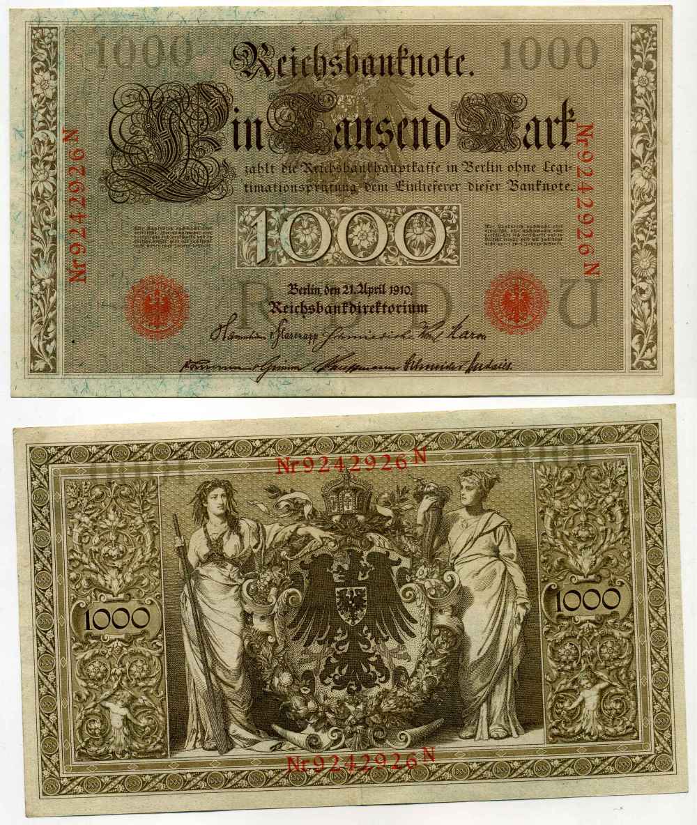 ГЕРМАНИЯ 1000 МАРОК 1910 КРАСНАЯ ПЕЧАТЬ, 7 ЦИФР В НОМЕРЕ Pick 44b бумага 8589-2-2-2