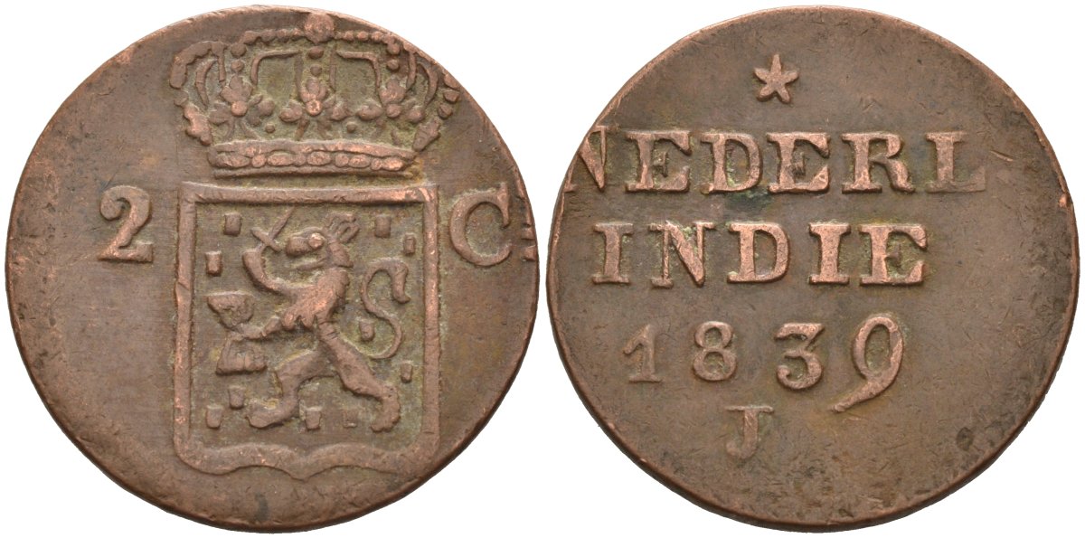 Суматра, Нидерландская Индия 2 цента 1839 J KM 291 медь 4575-1015