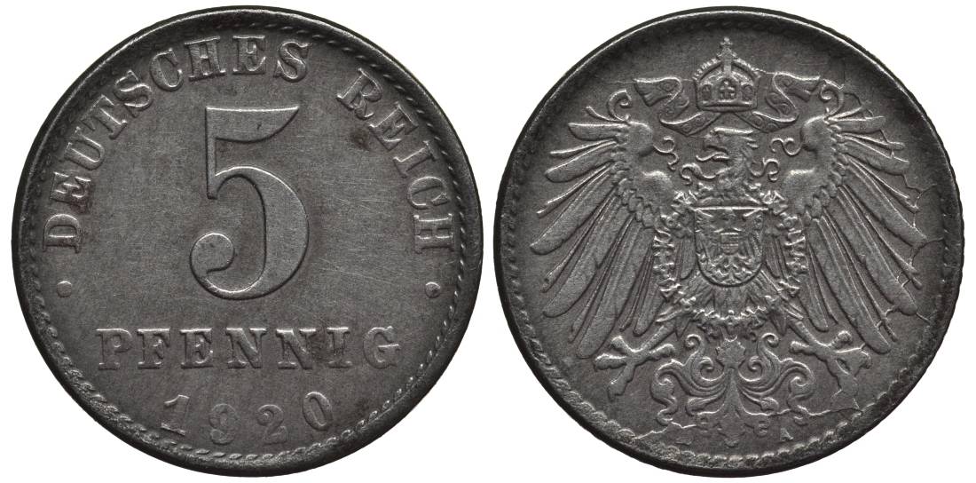 ГЕРМАНИЯ 5 ПФЕННИГОВ 1920 A KM 19, Jager 297, Weege 5 железо 4547-621
