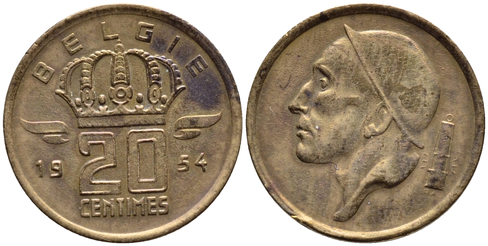 БЕЛЬГИЯ 20 САНТИМОВ 1954 BELGIE KM 147.1 бронза 4392-852