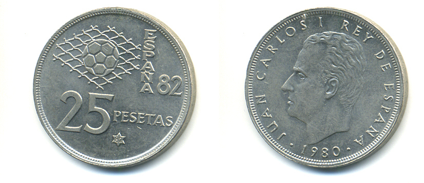 Испания 25 песет 1980 (82) чемпионат мира по футболу KM 818 медно-никель 89-1441
