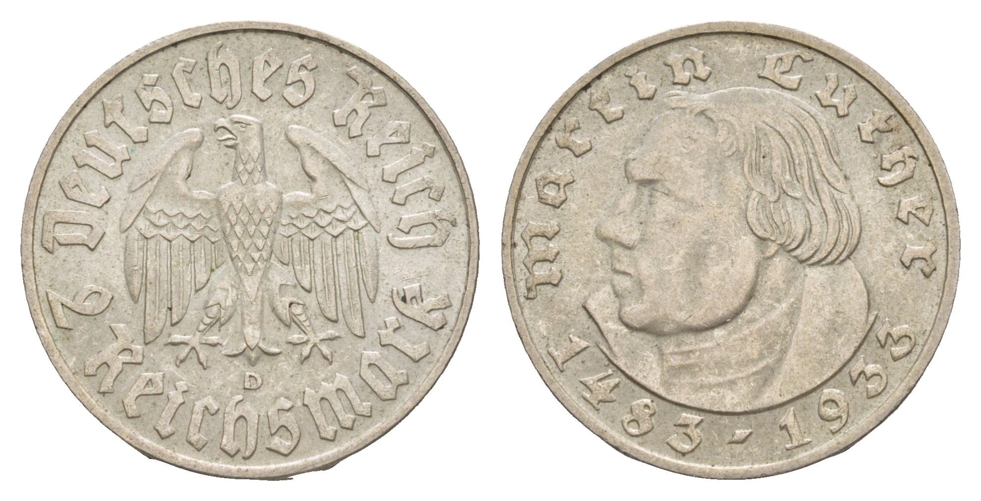 Германия 2 рейхсмарки 1933 D, 450 лет со дня рождения Мартина Лютера KM 79 серебро 1528-114