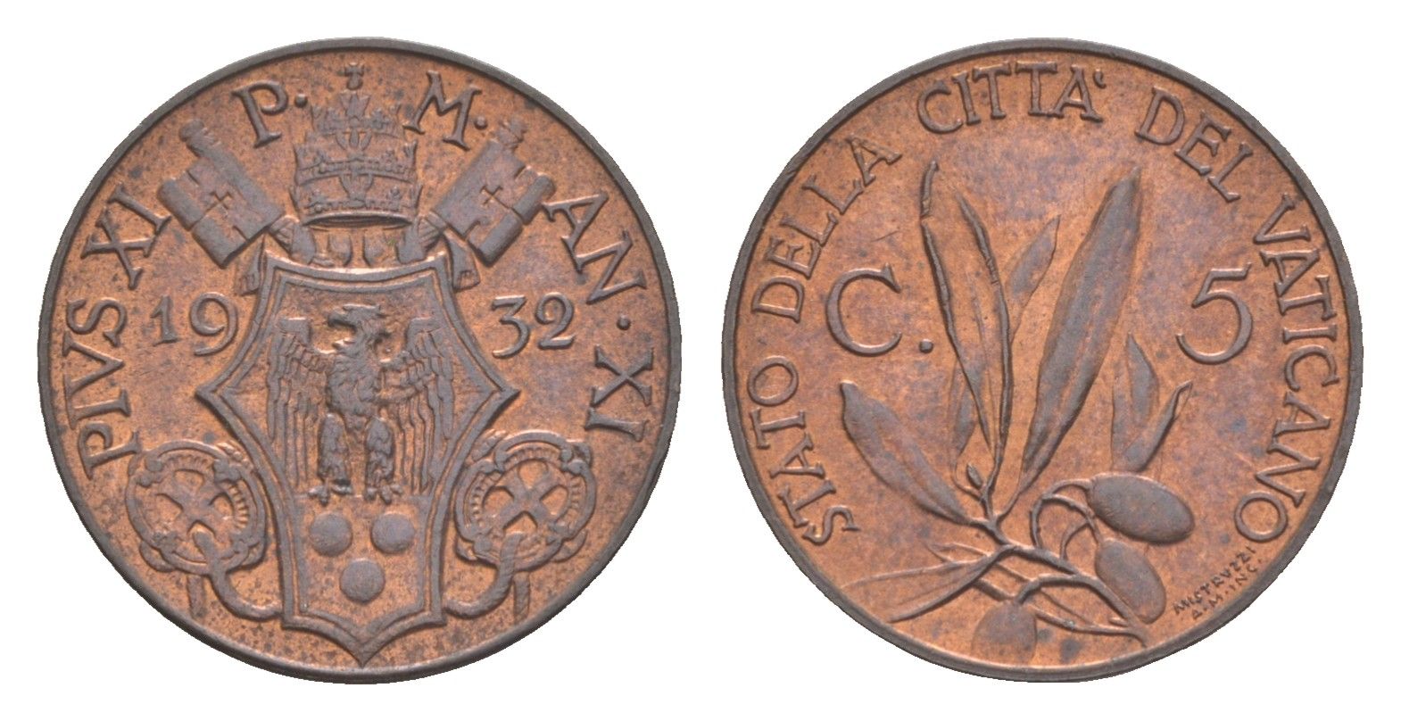 Ватикан 5 чентезимо 1932 Пий XI (1922-1939) KM 1 бронза aUNC 633-431