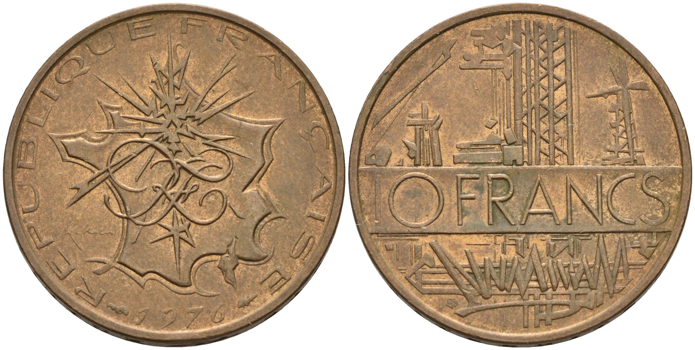 Франция 10 франков 1976 тип Матье KM 940, Le Franc 365.7-8 никель латунь 4599-1023