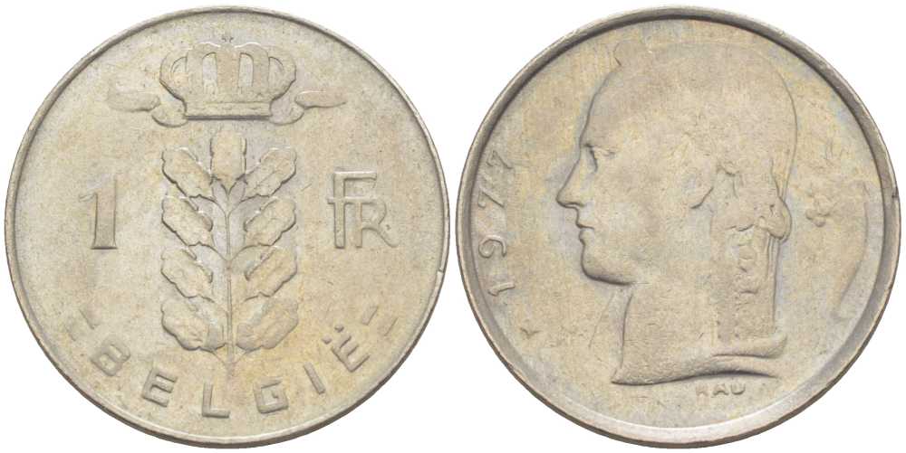 БЕЛЬГИЯ 1 ФРАНК 1977 BELGIE, БОДУЭН I (1951-1993) KM 143.1 медно-никель 213-354